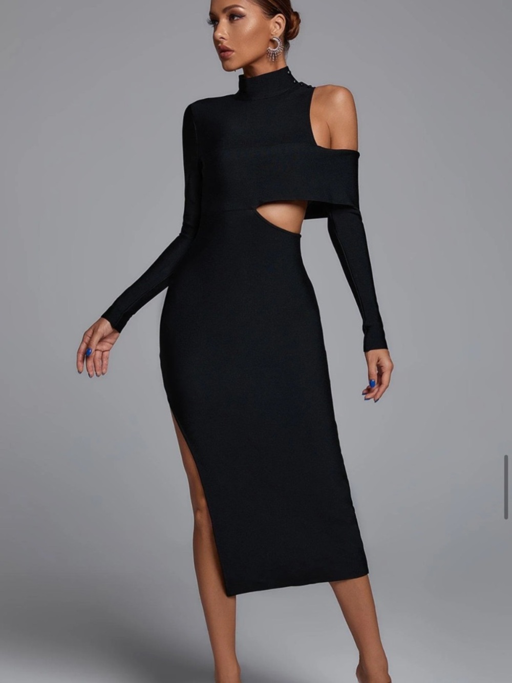 One-Shoulder Asymmetrical Cutout Midi Dress in Black